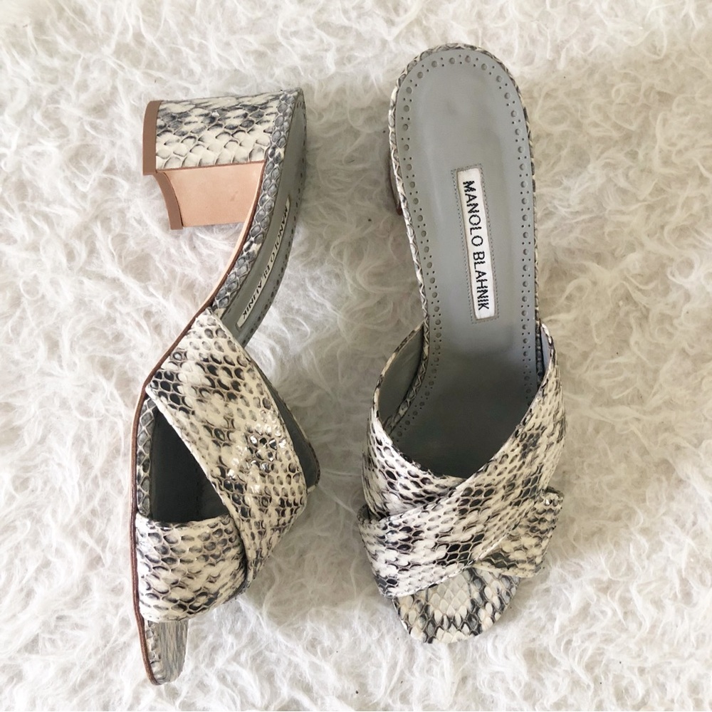 SOLD 🔥 Manolo Blahnik Otawi Snakeskin / Python Criss Cross Mules Sandals 39.5